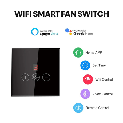 Glomarket Tuya Smart Wifi Plafondventilator Schakelaar Eu Standaard Glas Touch Wand App Afstandsbediening Elektrische ventilator snelheidsschakelaar